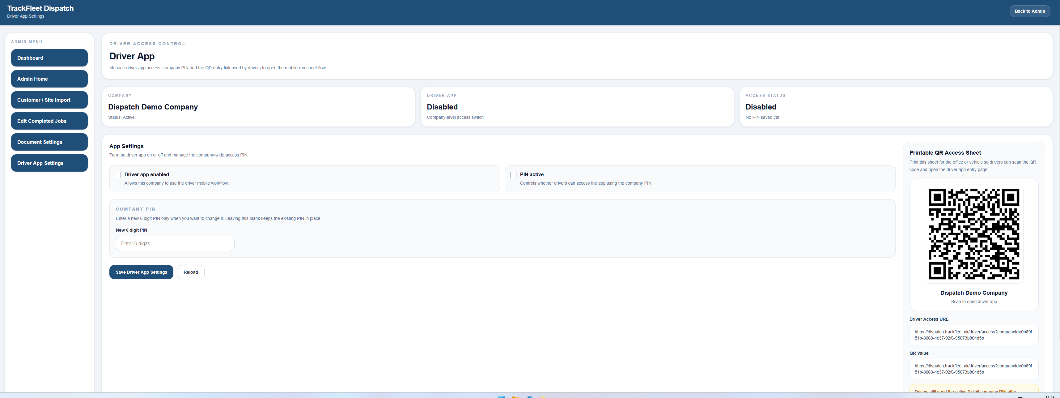 Driver workflow admin screenshot