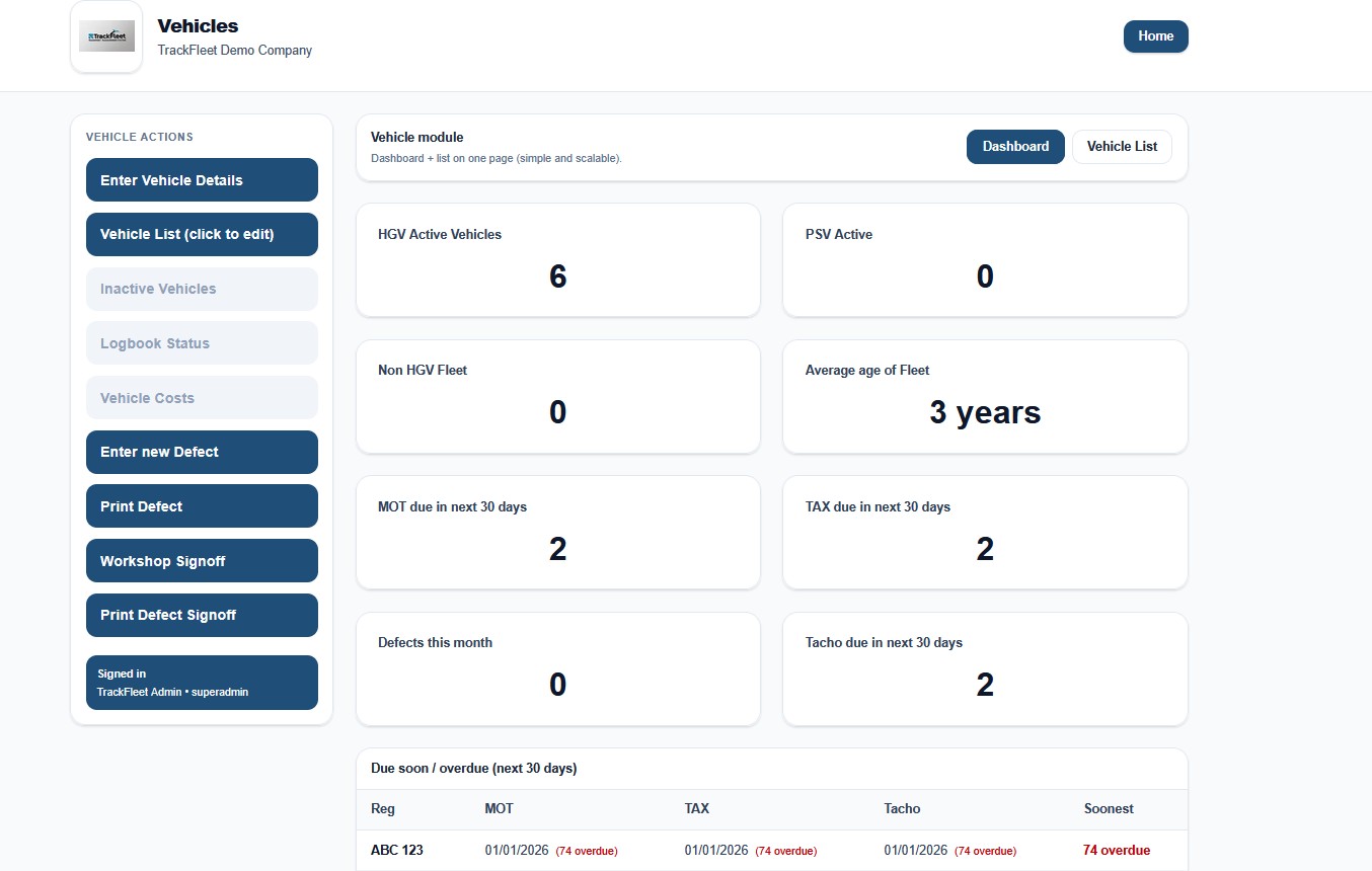 Vehicles dashboard screenshot